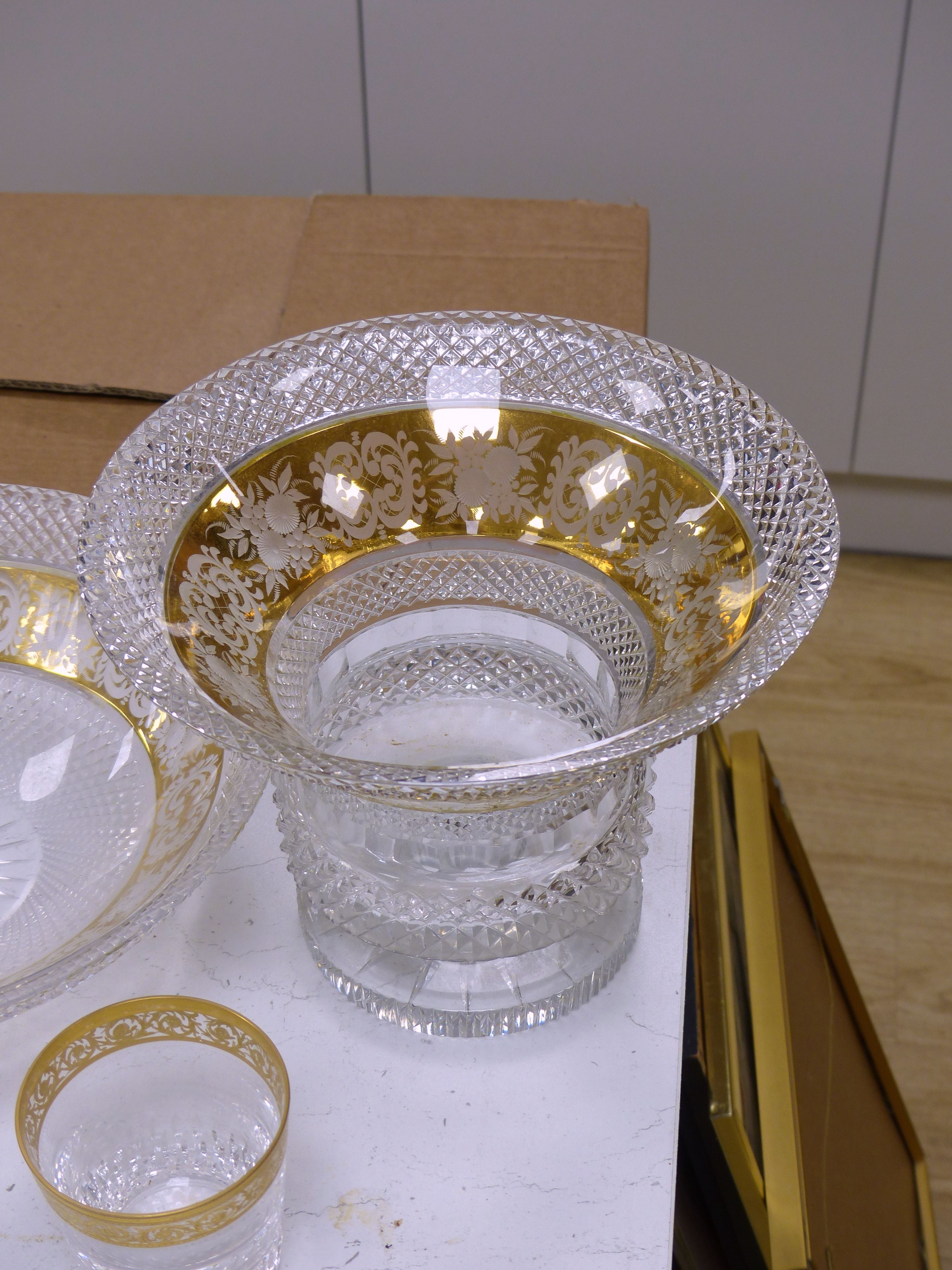 A Moser style tall tapered cut glass vase heightened in gilt, a similar circular bowl, a pedestal bowl and two St Louis tumblers